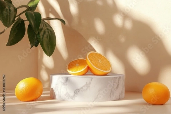 Fototapeta Stone podium for product display with fresh oranges in the background, ideal for cosmetic branding and packaging