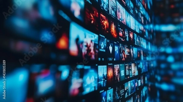 Fototapeta A close-up shot of a screen displaying numerous thumbnails of diverse video content, creating a vibrant and dynamic visual of online media.
