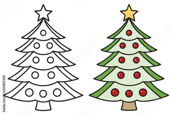 Fototapeta Christmas Tree Outline and Color Version with Star, Balls on White Background