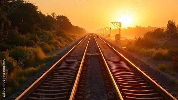 Fototapeta Empty Railroad Tracks Stretching Toward Horizon Where Sun Meets Earth at Dusk
