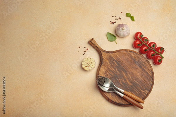 Obraz Food background with wooden cutting board, fresh tomatoes, garlic, basil and spices on light beige table with copy space for menu or recipe, cooking concept