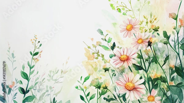 Fototapeta Elegant wedding invitation card background . Minimal hand painted watercolor Chamomile flowers texture template background. Design for wedding, vip cover, poster, rsvp moderncard.Valentine's Day