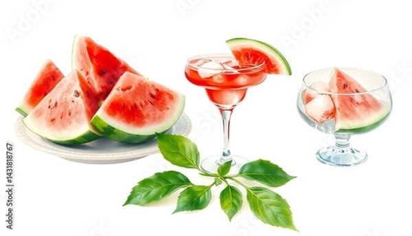 Fototapeta Watermelon slices on a plate with two refreshing cocktails garnished with watermelon wedges and ice cubes, accompanied by green leaves, capturing a summery vibe
