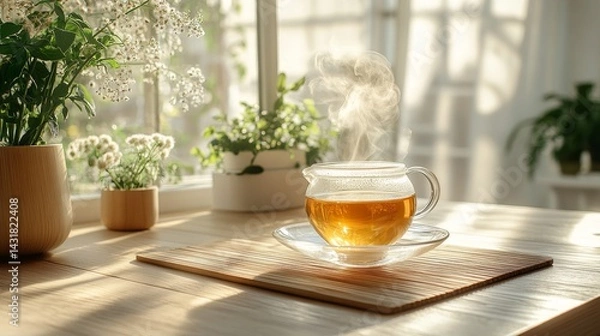 Fototapeta A minimalistic setting featuring a steaming cup of immortelle herbal tea on a wooden table, surrounded by plants and natural light