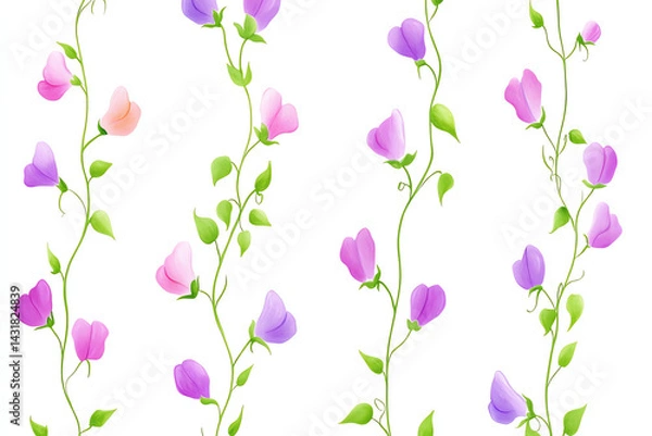 Fototapeta A vibrant arrangement of colorful sweet pea flowers, showcasing their delicate petals and lush green vines against a white backdrop.