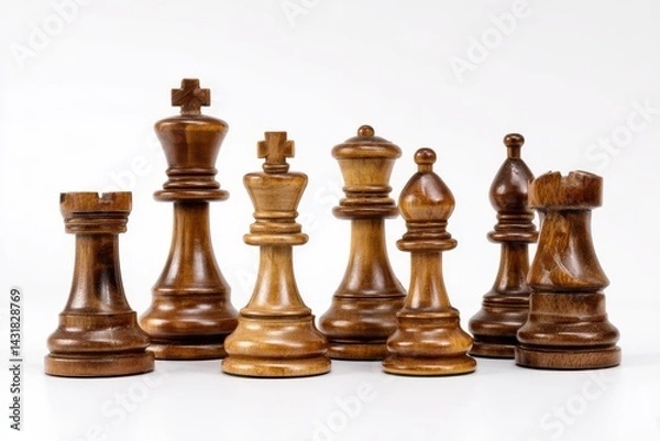 Fototapeta Classic wooden chess pieces elegantly arranged for an opening move on a white background with studio lighting