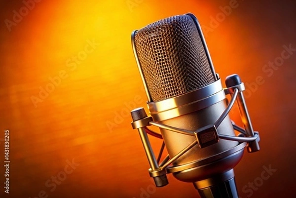 Fototapeta Professional Condenser Microphone Close-up on Orange Background - Music Recording Studio Equipment
