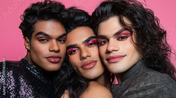Obraz 3 curvy male transgenders wearing make up, the have a different ethnic background, posing for an Instagram selfie with glittery eyeshadow and lipstick. He has medium long hair.