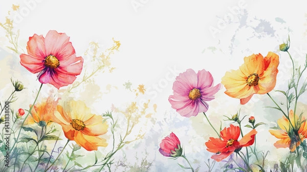 Fototapeta Elegant wedding invitation card background . Minimal hand painted watercolor Cosmos flowers texture template background. Design for wedding, vip cover, poster, rsvp moderncard.Valentine's Day