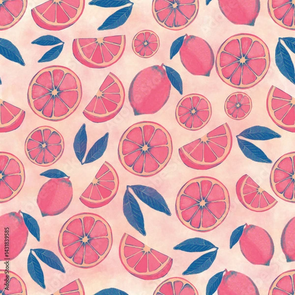 Obraz Seamless Summer Fruit Pattern with Pink Grapefruits and Leaves on Soft Textured Background