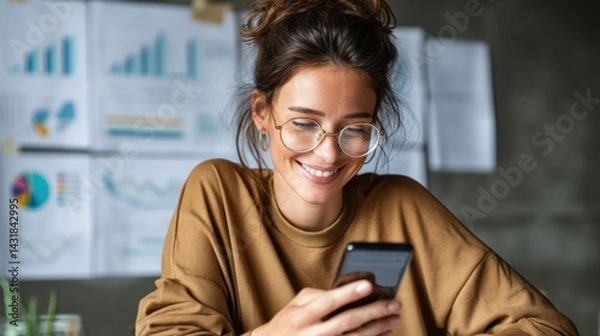 Fototapeta Smiling woman checks smartphone in office with business graphs in the background.