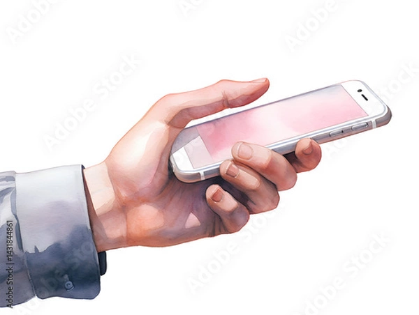 Obraz Watercolor illustration of a hand holding a smartphone, white background 