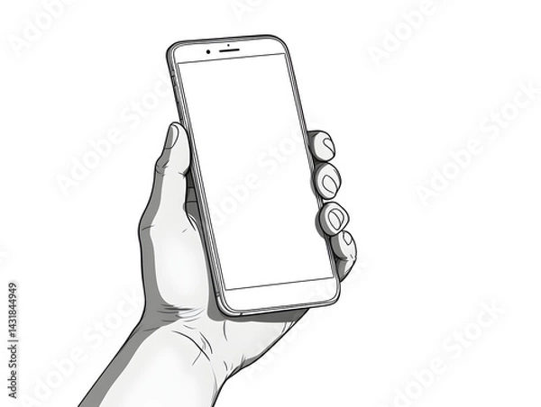 Obraz Simple black line illustration of a hand holding a smartphone, white background 