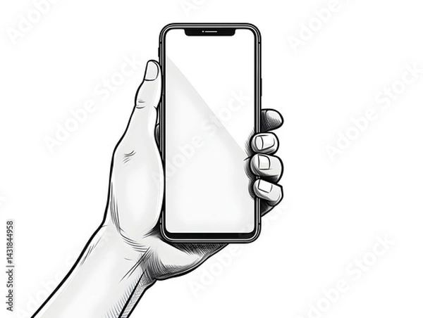 Obraz Simple black line illustration of a hand holding a smartphone, white background 