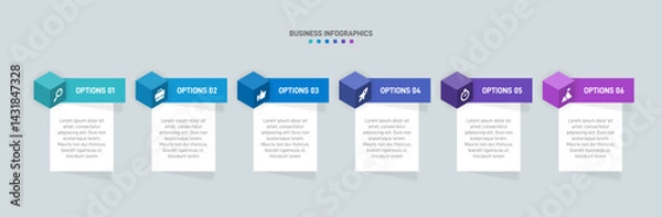 Fototapeta Horizontal progress bar featuring 6 arrow-shaped elements, symbolizing the six stages of business strategy and progression. Clean timeline infographic design template. Vector for presentation