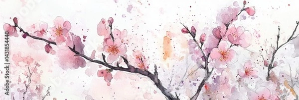 Fototapeta Plum trees in bloom captured in a contemporary expressive style with watercolor and ink details revealing a vibrant botanical illustration