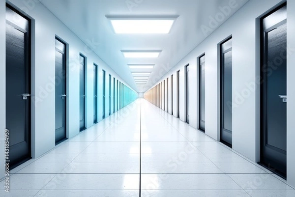 Fototapeta Modern Office Corridor with Closed Doors - Long corridor with numerous closed doors, white walls, and bright lighting. Clean and minimalist design