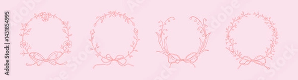 Fototapeta Set of pink spring floral frames with lace ribbon bows in girly coquette style. Botany rose, lily of the valley, laurel wreath. Hand drawn doodle vector illustration. Italian, French wedding design