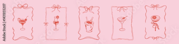 Fototapeta Set of hand drawn bar design elements. Alcohol beverages. Cute romantic coquette stile ribbon bow whimsical wavy rectangle frames. Wedding, birthday, bachelorette party vintage victorian invitations