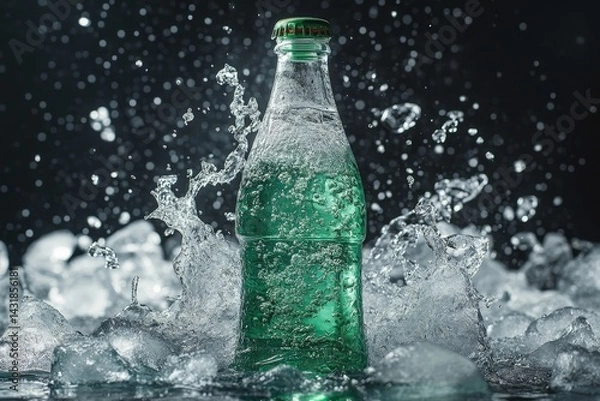 Fototapeta Sparkling water bottle splashes in ice cold water with dramatic effect