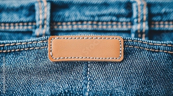 Fototapeta Closeup of blue jeans with blank leather label denim fabric detailed texture studio setting macro perspective fashion concept