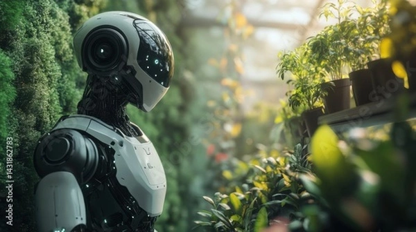 Fototapeta Futuristic bot tending smart plants