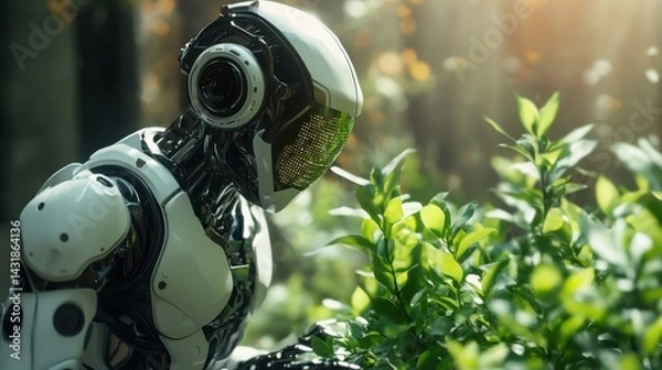 Fototapeta Futuristic bot tending smart plants