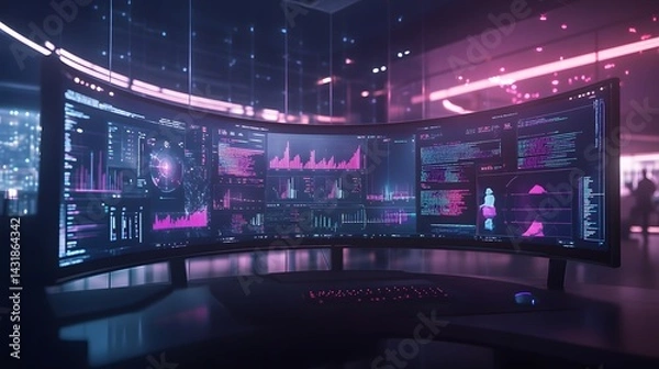 Fototapeta A futuristic curved monitor displays complex data visualizations and code, illuminating a modern workspace with vibrant pink and blue hues.