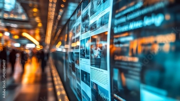 Fototapeta Blurred city background with a large digital screen displaying news articles and images.  The vibrant colors and motion create a sense of fast-paced urban life and information overload.