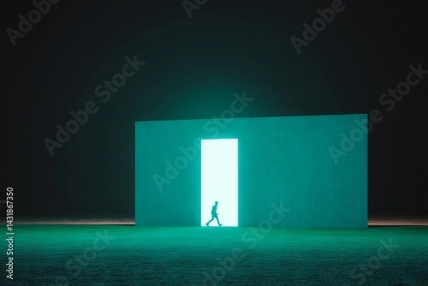 Obraz A man walks through a green doorway into a building. astronaut concept.