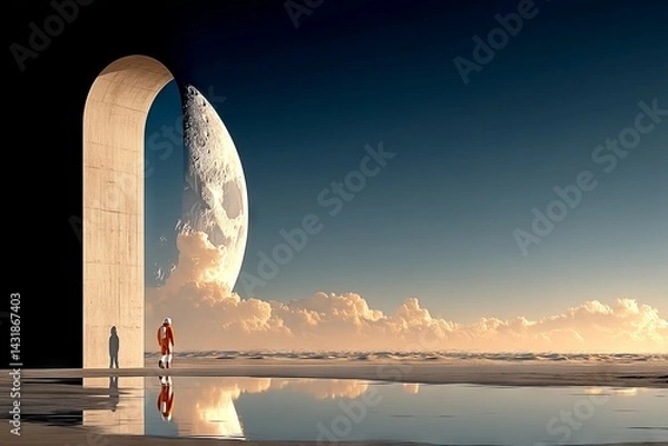 Obraz A man and woman are standing in front of a large moon. astronaut concept.