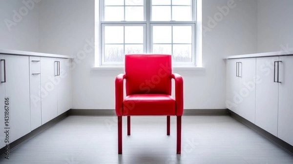 Obraz Red Chair in Modern Office - A single red leather chair sits in a minimalist white office, near a window and white cabinets