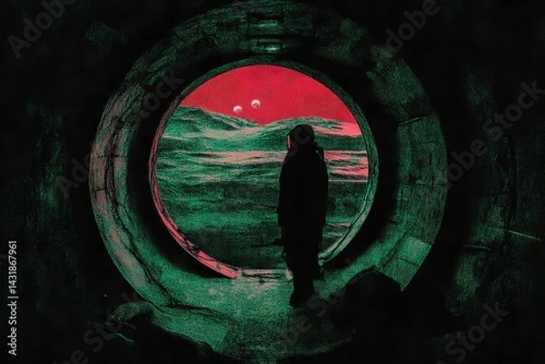 Fototapeta A man is standing in a tunnel with a red circle in the background. astronaut concept.