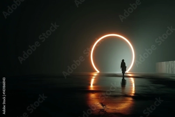 Fototapeta A person is walking through a dark area with a glowing circle in the background. astronaut concept.