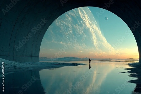 Fototapeta A man stands in front of a large body of water, with a large moon in the sky. astronaut concept.