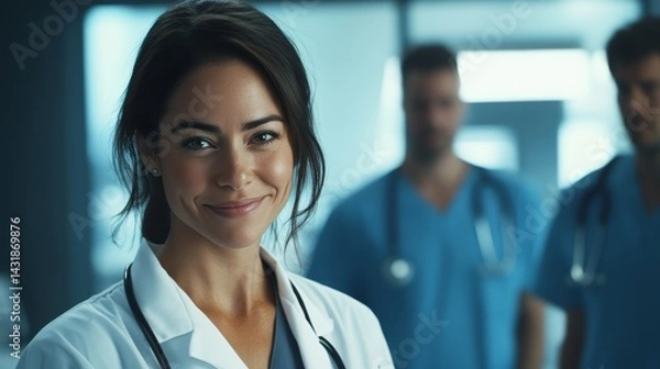 Fototapeta Confident female doctor in lab coat smiling with medical team in brightly lit professional setting