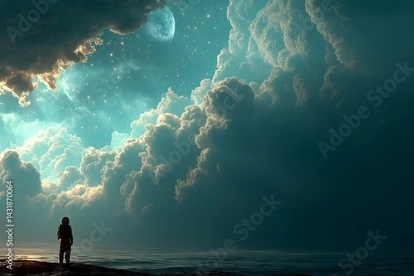 Obraz A man in a space suit stands on a beach looking out at the ocean. astronaut concept.