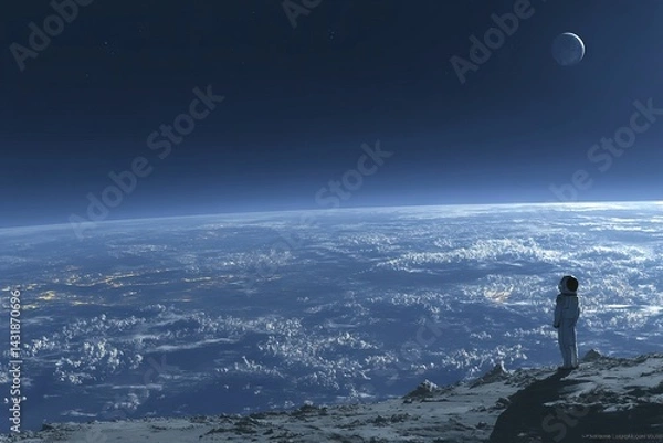 Obraz A person in a spacesuit stands on a rocky surface looking up at the night sky. astronaut concept.