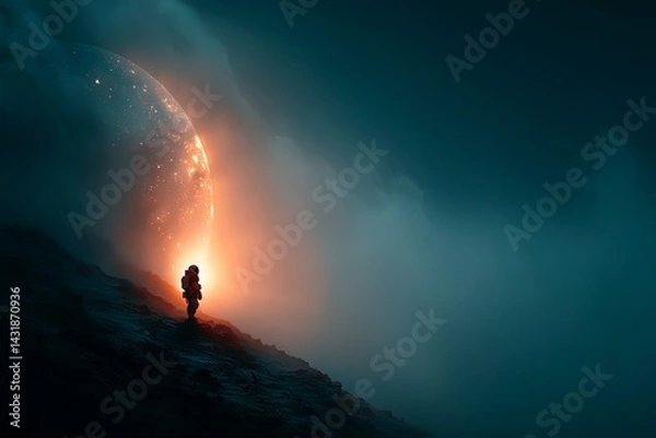 Obraz A man in a spacesuit is walking on a rocky hillside. astronaut concept.