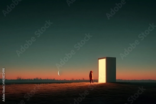 Obraz A person stands in front of a large white door in a field at dusk. astronaut concept.