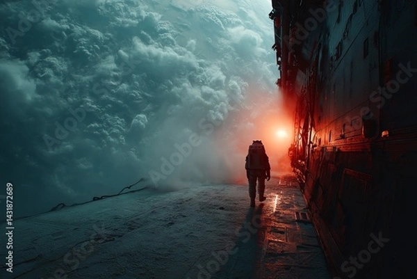 Fototapeta A man in a spacesuit walks through a tunnel in a foggy, cloudy sky. astronaut concept.