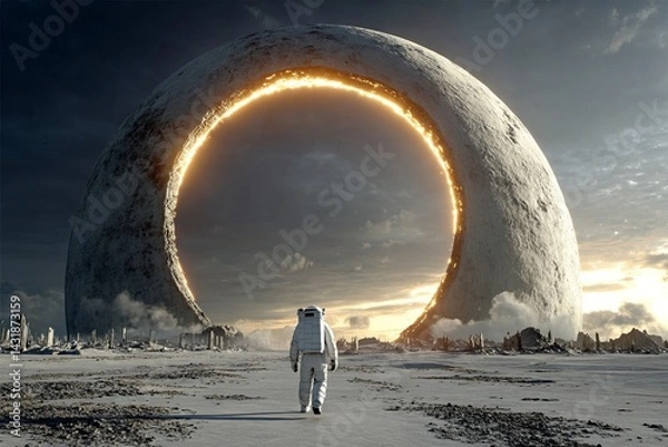 Obraz A man in a white spacesuit is walking through a desolate landscape. astronaut concept.