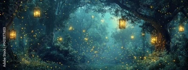 Fototapeta Enchanted forest scene illuminated by lanterns and fireflies, evoking a magical atmosphere.
