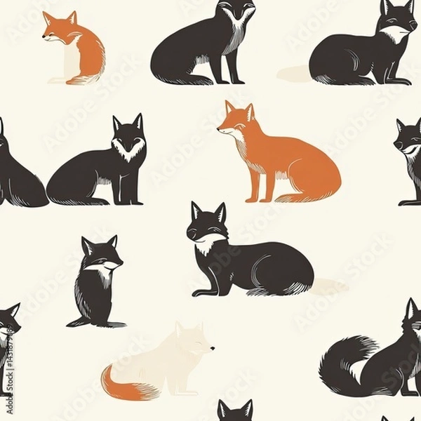 Fototapeta Charming Fox Pattern: A Delightful Seamless Design Featuring Orange and Black Foxes in a Whimsical Illustration