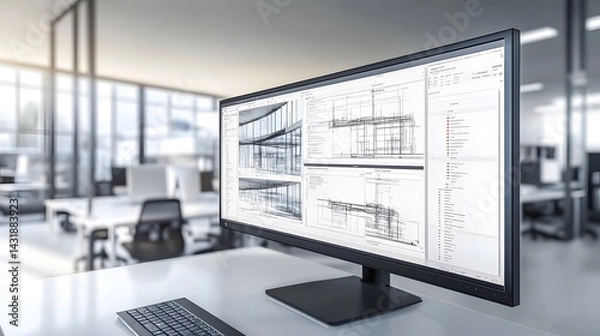 Fototapeta Modern office workspace with a large monitor displaying architectural blueprints and 3D models.  Clean design, sleek technology, and a blurred background suggest productivity and innovation.