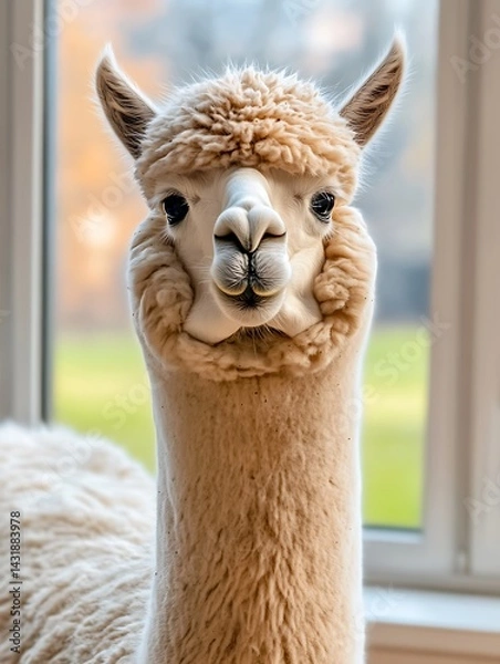 Obraz A Curious White Alpaca Stares Intently at the Camera, Framed Against a Soft, Natural