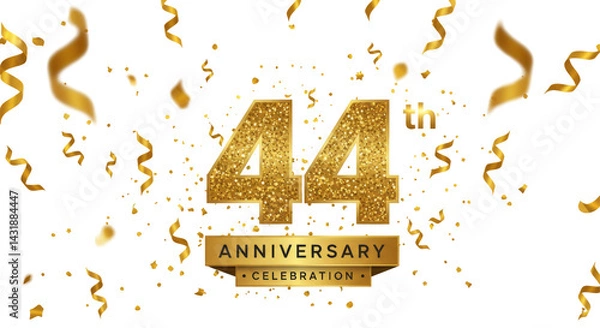 Fototapeta 44th Year Anniversary celebration With Falling Golden Confetti and balloons isolated on transparent background, PNG  