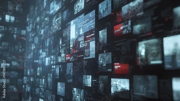 Fototapeta Abstract digital wall of countless screens displaying news headlines, videos, and data streams. Futuristic concept of information overload and data visualization.
