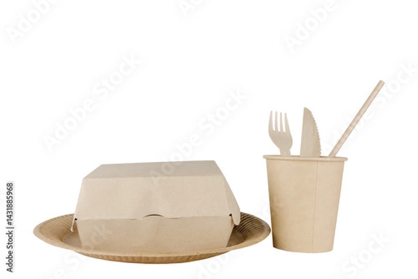 Fototapeta Paper container and disposable cutlery for one person