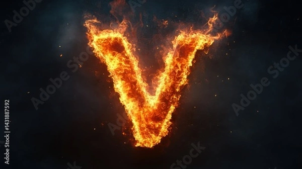 Fototapeta Fiery letter V, dark background, inferno, graphic design